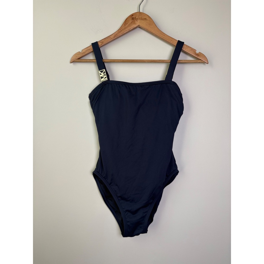 Michael Kors Womens Navy Blue One Piece Swimsuit Gold MK Logo Size 4